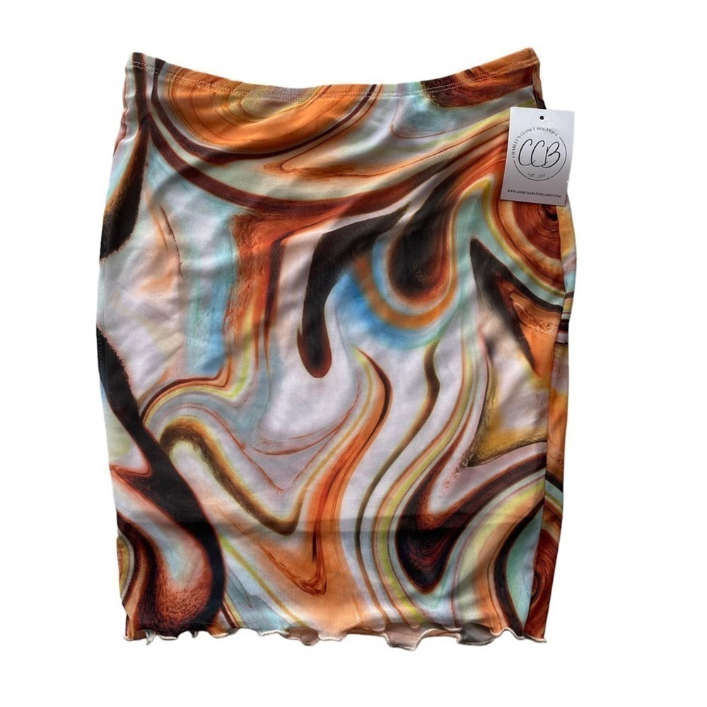 BLACKBEAD Abstract Marble Micro Mini Skirt Orange Brown Small Deep Wave Ruffle